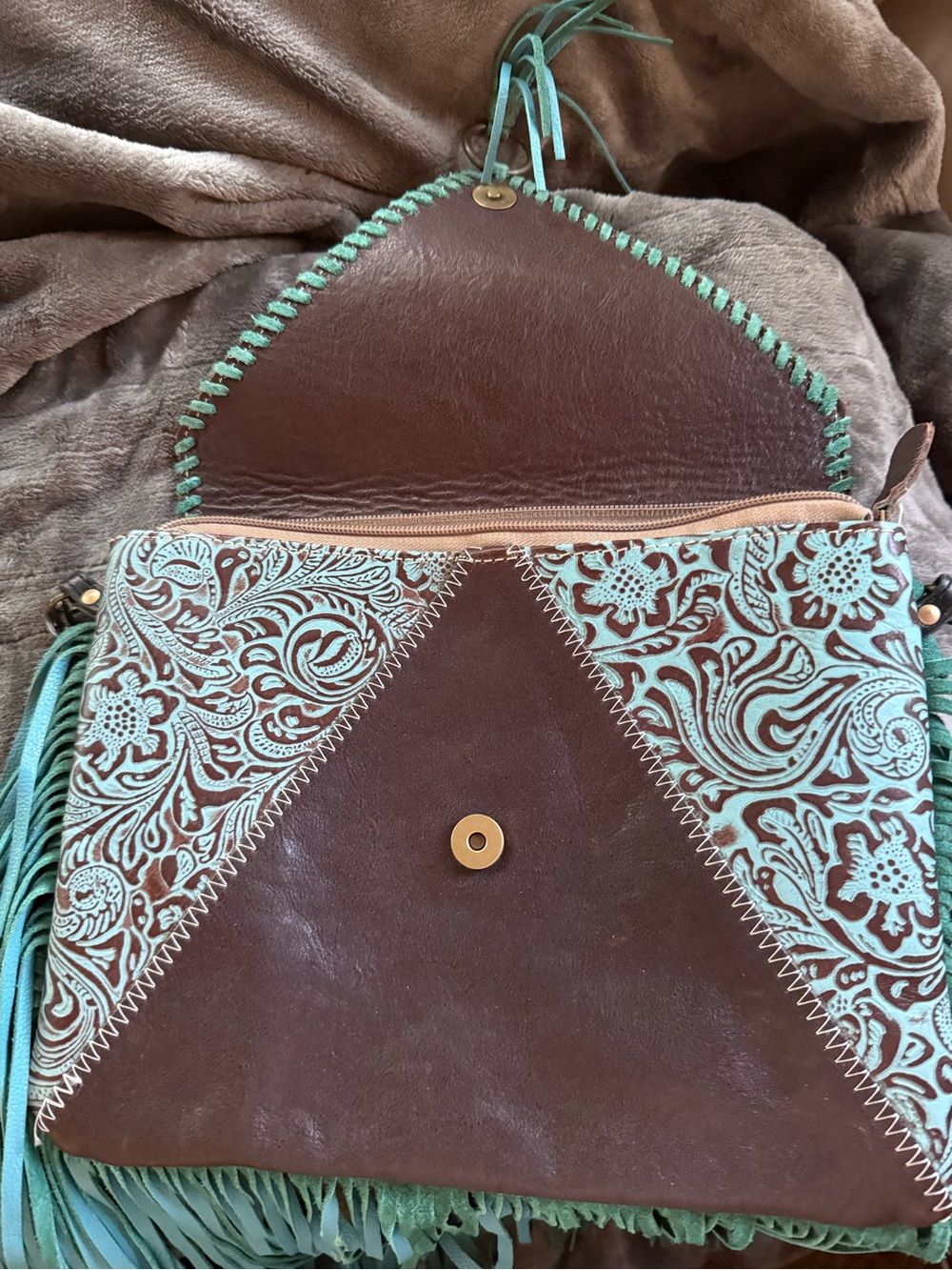Myra Bag-Turquoise Fringe Leather & Cowhide Crossbody Bag - Picture 2 of 5